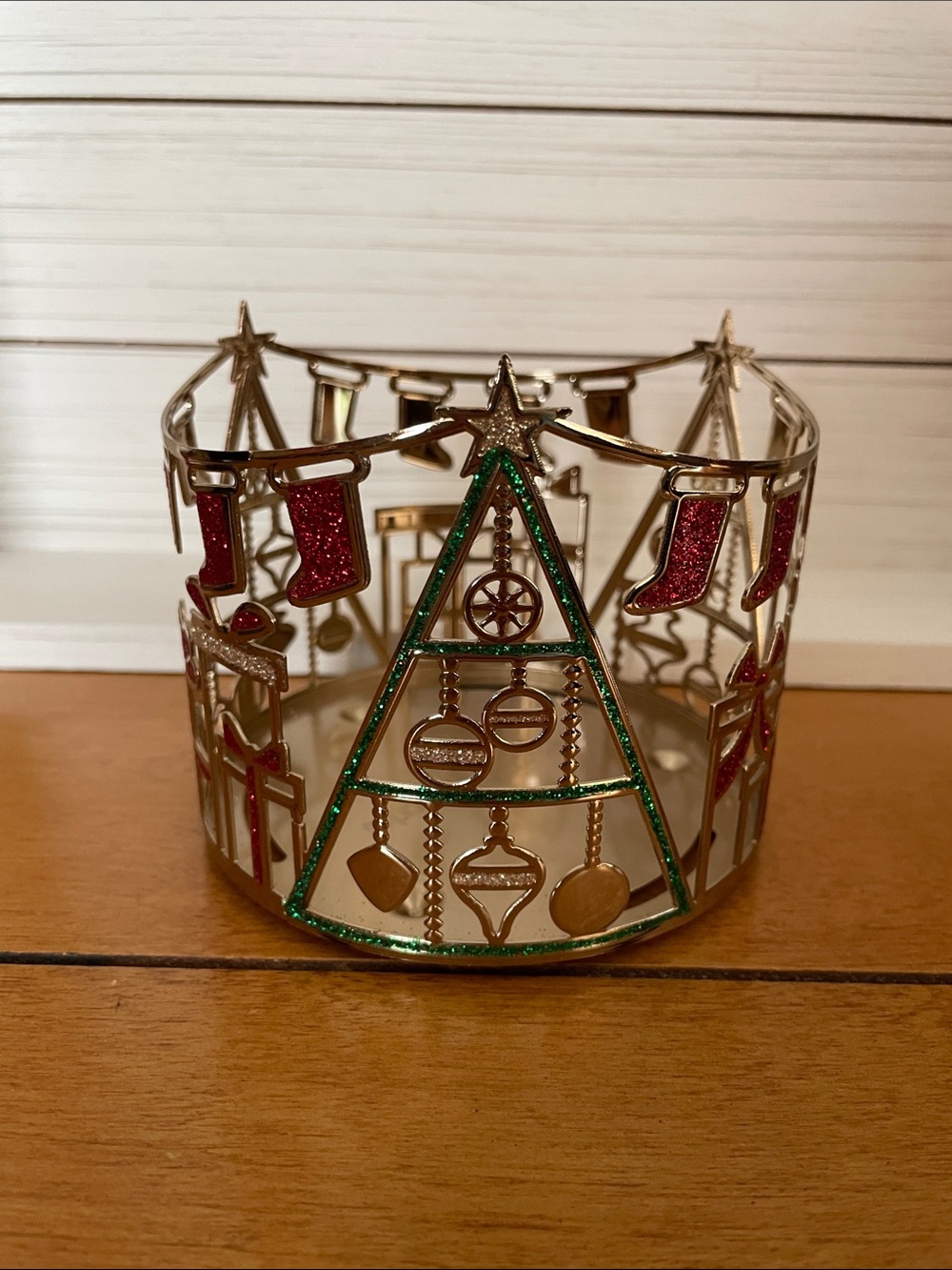 Bath & Body Works Gold Christmas Jar Candle Holder with Green and Red Accents
